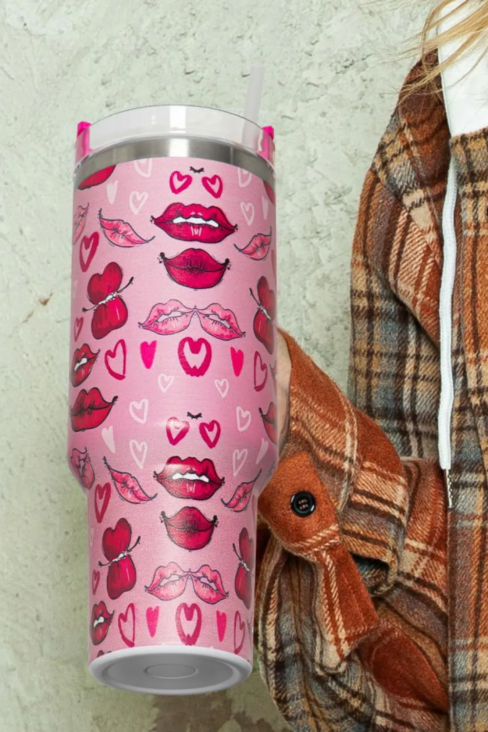 Clearance Dear-Lover Valentines Hearts and Kisses Print Thermos Cup 40oz Rose Red