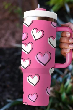 Hot Dear-Lover Valentines Heart Printed Thermos Cup with Handle 40oz Rose Red