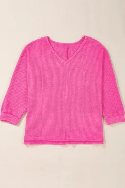 Discount Dear-Lover Waffle Knit Side Slits Loose Fit V Neck Top Rose Red