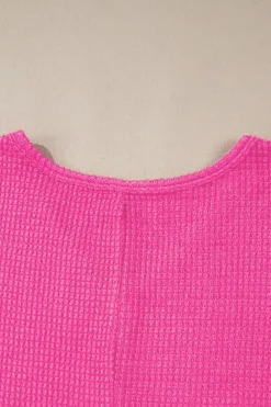 Discount Dear-Lover Waffle Knit Side Slits Loose Fit V Neck Top Rose Red