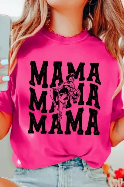 Fashion Dear-Lover Western MAMA Print Crew Neck T Shirt Rose Red