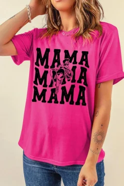Fashion Dear-Lover Western MAMA Print Crew Neck T Shirt Rose Red
