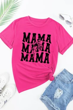 Fashion Dear-Lover Western MAMA Print Crew Neck T Shirt Rose Red