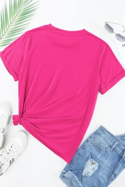 Fashion Dear-Lover Western MAMA Print Crew Neck T Shirt Rose Red