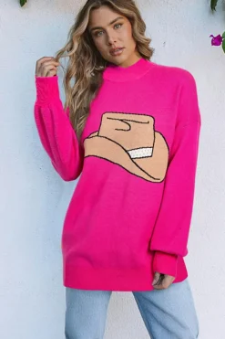 New Dear-Lover YEEHAW Cowboy Hat Drop Shoulder Oversized Sweater Rose Red