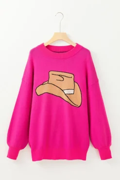 New Dear-Lover YEEHAW Cowboy Hat Drop Shoulder Oversized Sweater Rose Red
