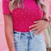 Clearance Dear-Lover Rhinestone Allover Round Neck Short Sleeve Bodysuit Rose