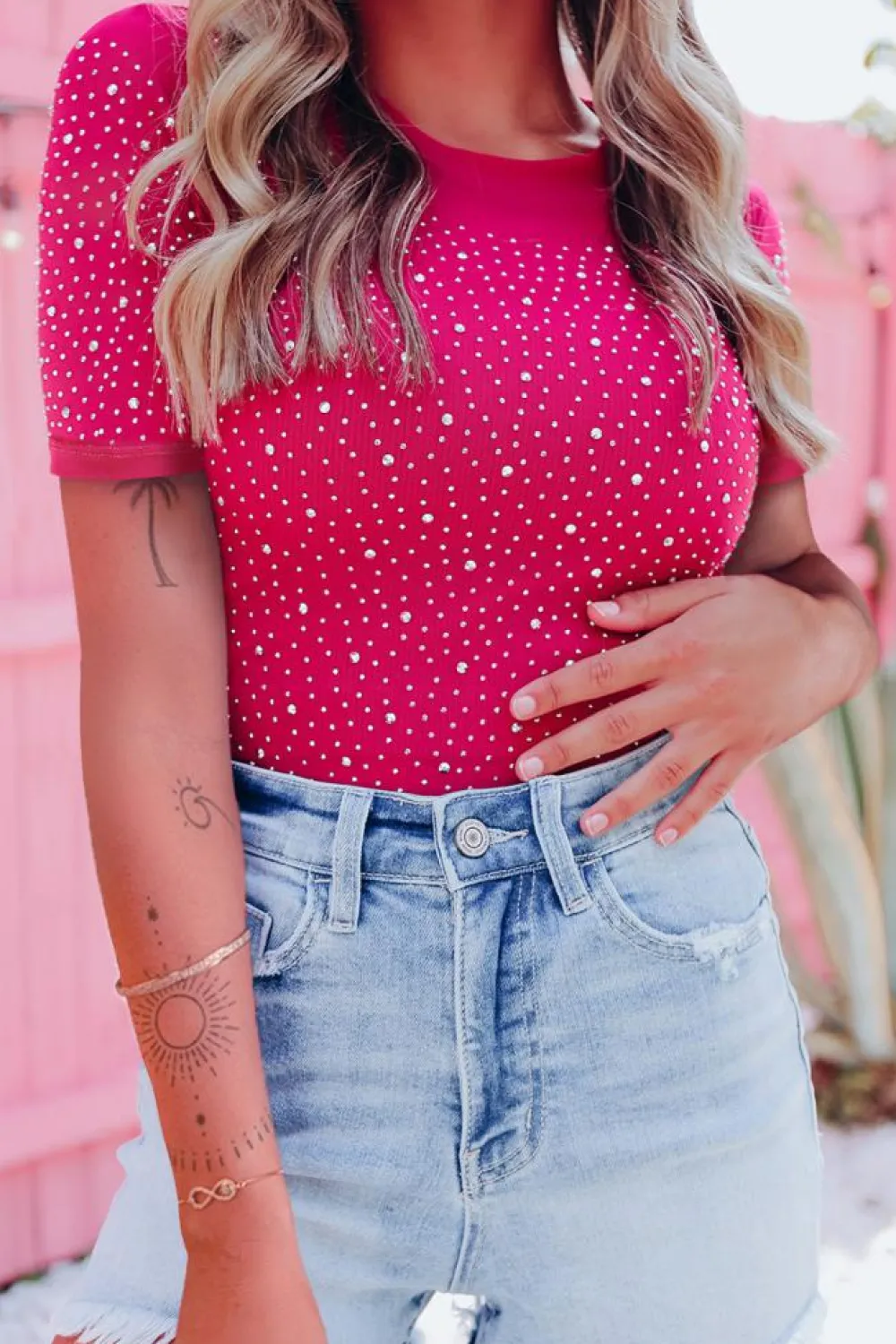 Clearance Dear-Lover Rhinestone Allover Round Neck Short Sleeve Bodysuit Rose