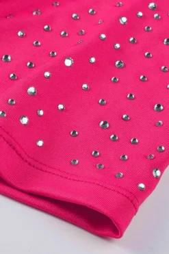 Clearance Dear-Lover Rhinestone Allover Round Neck Short Sleeve Bodysuit Rose
