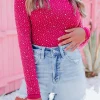 New Dear-Lover Rhinestone O-neck Long Sleeve Bodysuit Rose