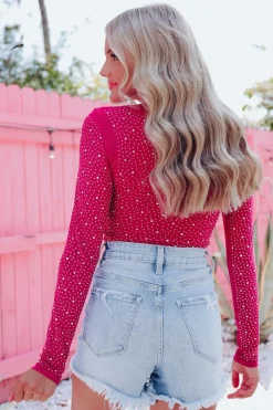 New Dear-Lover Rhinestone O-neck Long Sleeve Bodysuit Rose