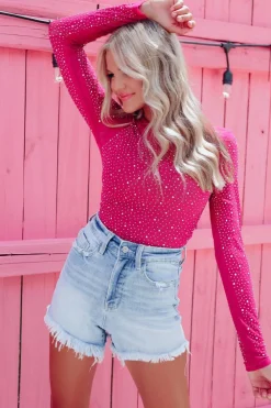 New Dear-Lover Rhinestone O-neck Long Sleeve Bodysuit Rose