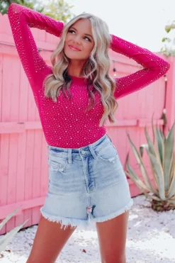 New Dear-Lover Rhinestone O-neck Long Sleeve Bodysuit Rose