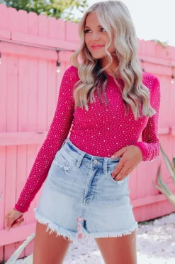 New Dear-Lover Rhinestone O-neck Long Sleeve Bodysuit Rose