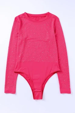 New Dear-Lover Rhinestone O-neck Long Sleeve Bodysuit Rose