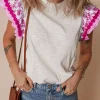 Online Dear-Lover Ricrac Trim Printed Flutter Sleeve Contrast Patchwork Blouse Rose