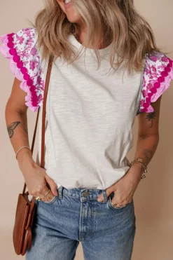 Online Dear-Lover Ricrac Trim Printed Flutter Sleeve Contrast Patchwork Blouse Rose