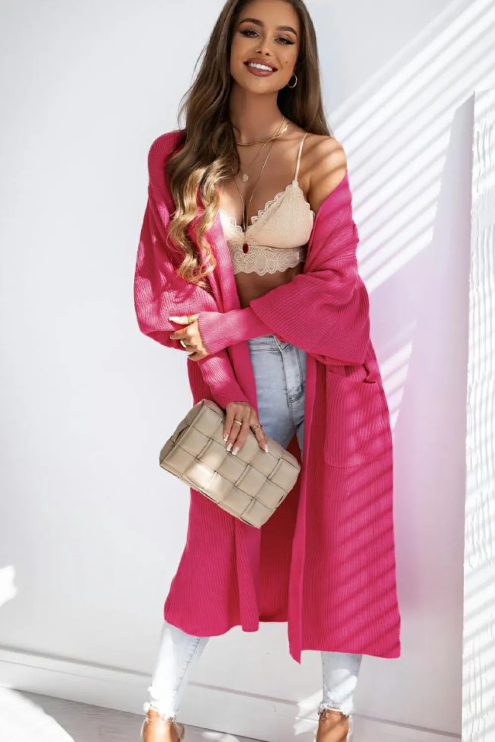Online Dear-Lover Side Pockets Bubble Sleeve Knitted Cardigan Rose