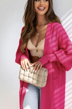 Online Dear-Lover Side Pockets Bubble Sleeve Knitted Cardigan Rose
