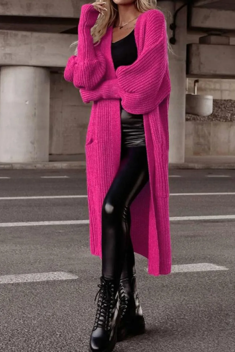 Online Dear-Lover Side Pockets Bubble Sleeve Knitted Cardigan Rose