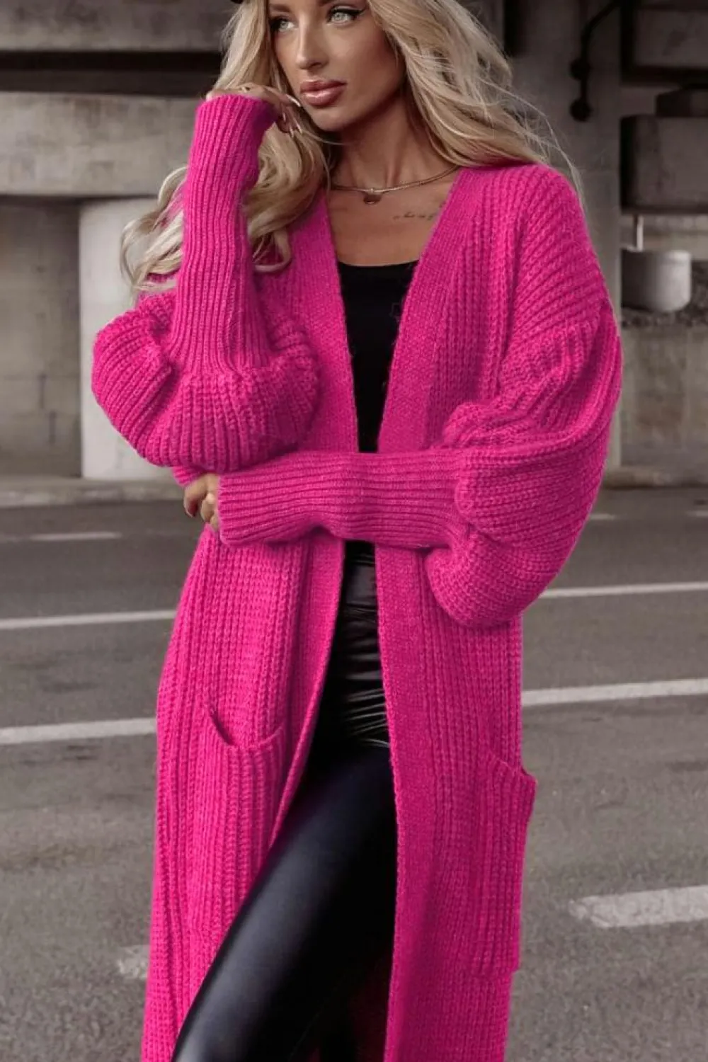 Online Dear-Lover Side Pockets Bubble Sleeve Knitted Cardigan Rose