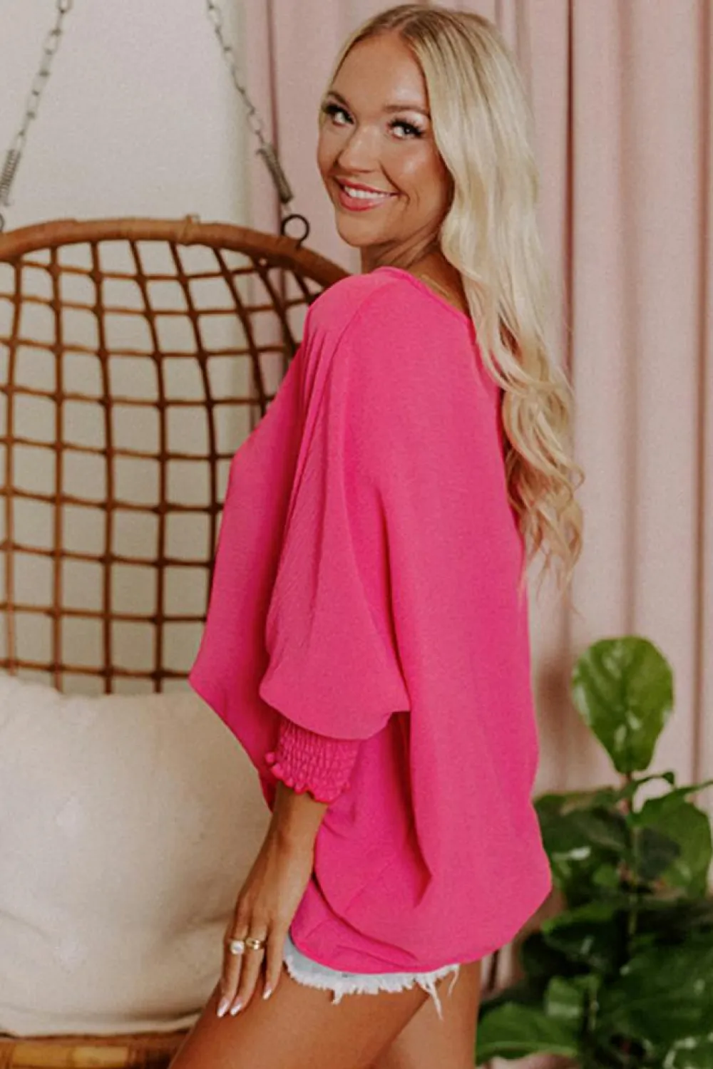 New Dear-Lover Smocked Wrist Shift Top Rose