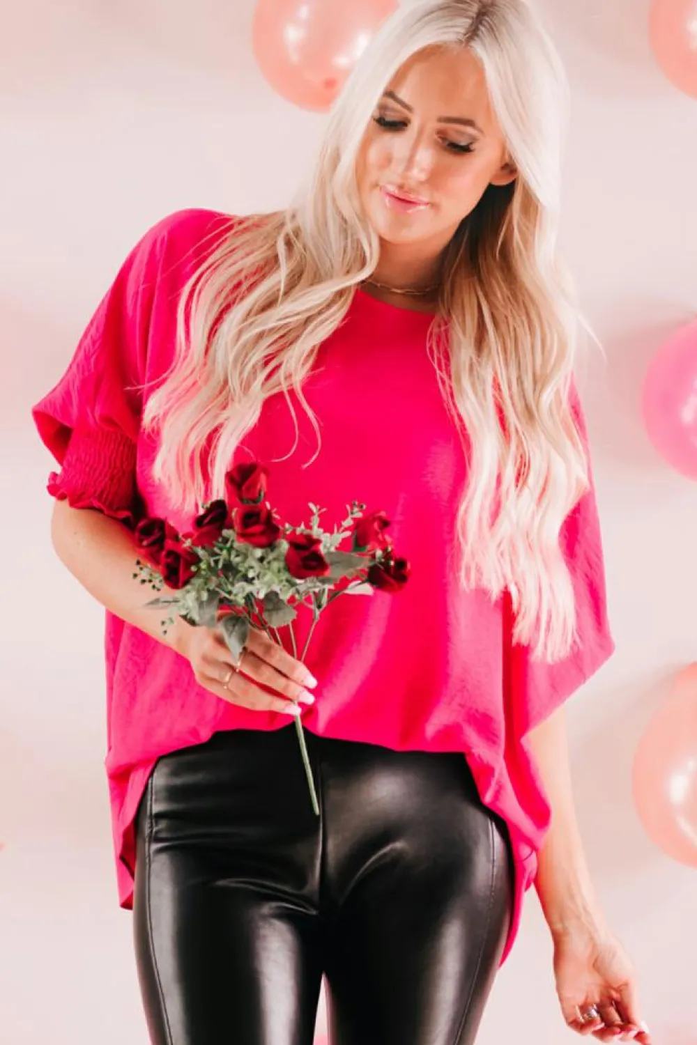 New Dear-Lover Smocked Wrist Shift Top Rose