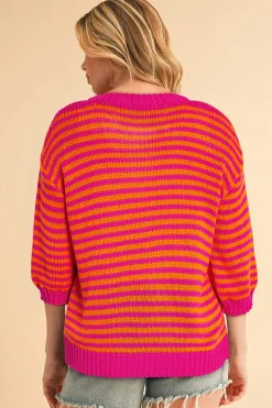 Outlet Dear-Lover 3/4 Puff Sleeve Drop Shoulder Sweater Rose Stripe
