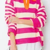 Fashion Dear-Lover Color Block Collared V Neck Drop Shoulder Sweater Rose Stripe