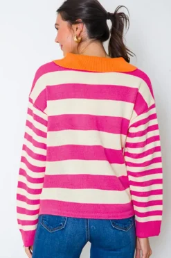 Fashion Dear-Lover Color Block Collared V Neck Drop Shoulder Sweater Rose Stripe