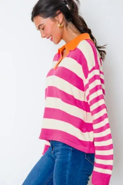 Fashion Dear-Lover Color Block Collared V Neck Drop Shoulder Sweater Rose Stripe