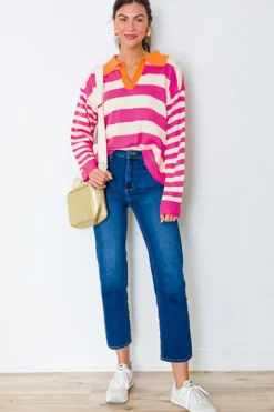 Fashion Dear-Lover Color Block Collared V Neck Drop Shoulder Sweater Rose Stripe