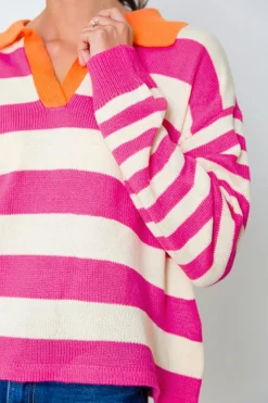 Fashion Dear-Lover Color Block Collared V Neck Drop Shoulder Sweater Rose Stripe