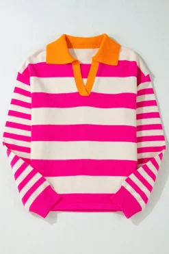 Fashion Dear-Lover Color Block Collared V Neck Drop Shoulder Sweater Rose Stripe