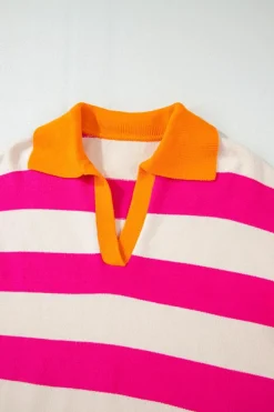 Fashion Dear-Lover Color Block Collared V Neck Drop Shoulder Sweater Rose Stripe