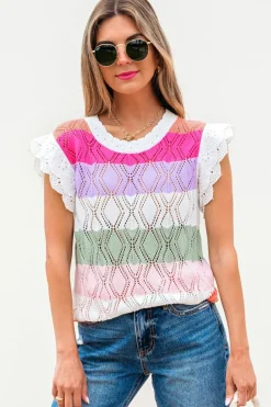 Hot Dear-Lover Colorblock Hollowed Knit Scallop Edge Sweater Vest Rose Stripe