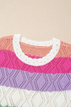 Hot Dear-Lover Colorblock Hollowed Knit Scallop Edge Sweater Vest Rose Stripe
