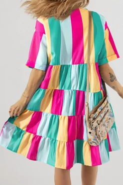 Outlet Dear-Lover Colorblock Short Sleeve Mini Shirt Dress Rose Stripe