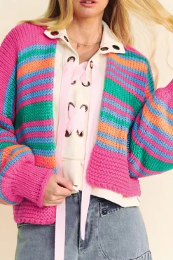 Fashion Dear-Lover Colorful Puff Sleeve Drop Shoulder Loose Cardigan Rose Stripe