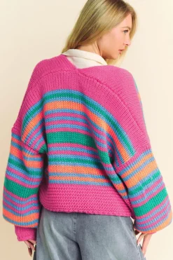 Fashion Dear-Lover Colorful Puff Sleeve Drop Shoulder Loose Cardigan Rose Stripe