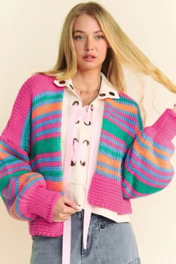 Fashion Dear-Lover Colorful Puff Sleeve Drop Shoulder Loose Cardigan Rose Stripe
