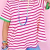 Clearance Dear-Lover Contrast Trim Crew Neck Loose Short Sleeve Top Rose Stripe