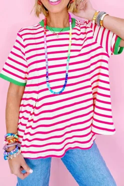 Clearance Dear-Lover Contrast Trim Crew Neck Loose Short Sleeve Top Rose Stripe