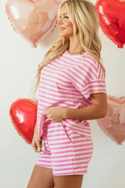 Discount Dear-Lover Crew Neck T Shirt and Drawstring Shorts Set Rose Stripe
