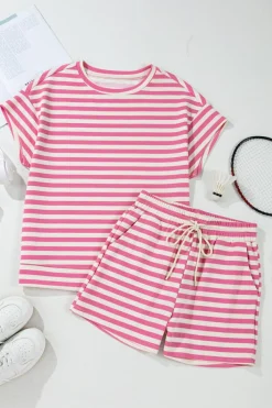 Discount Dear-Lover Crew Neck T Shirt and Drawstring Shorts Set Rose Stripe