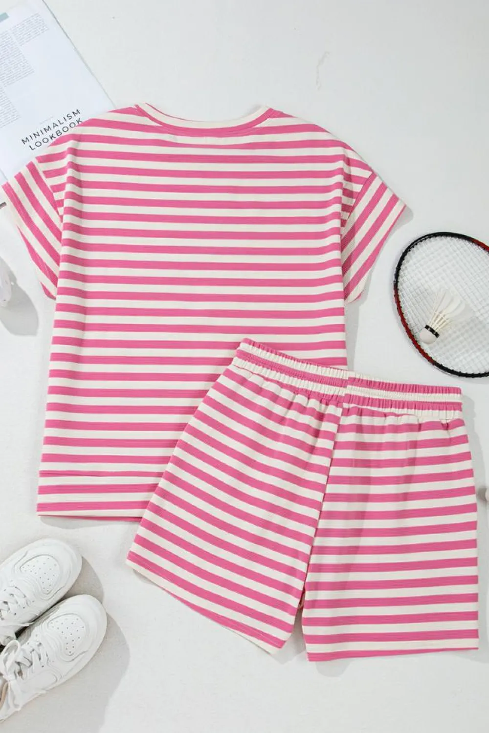 Discount Dear-Lover Crew Neck T Shirt and Drawstring Shorts Set Rose Stripe