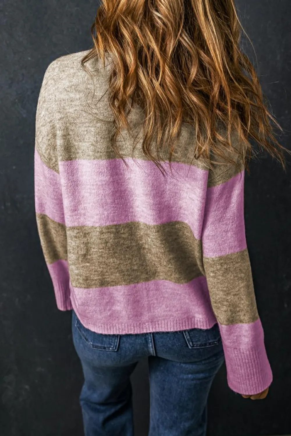 Clearance Dear-Lover Crew Neck Wide Sleeve Colorblock Sweater Rose Stripe