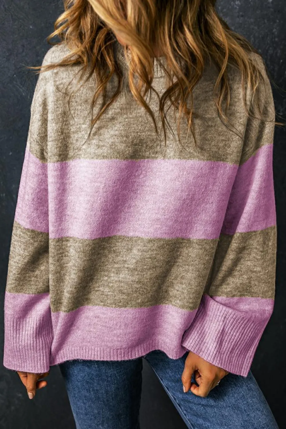 Clearance Dear-Lover Crew Neck Wide Sleeve Colorblock Sweater Rose Stripe