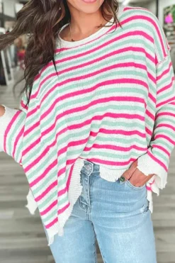 Best Dear-Lover Oversized Drop Shoulder Sweater with Pocket Rose Stripe