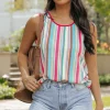 Outlet Dear-Lover Rainbow Eyelet Knit Button Decor Tank Top Rose Stripe